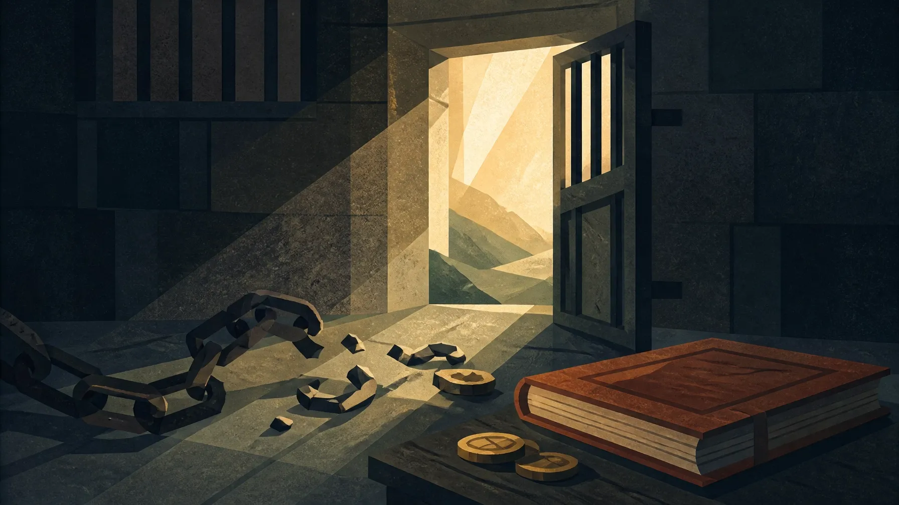 Editorial illustration of an open doorway through a dark prison wall, broken chains, a ledger, and coins symbolizing financial bondage and faithful stewardship