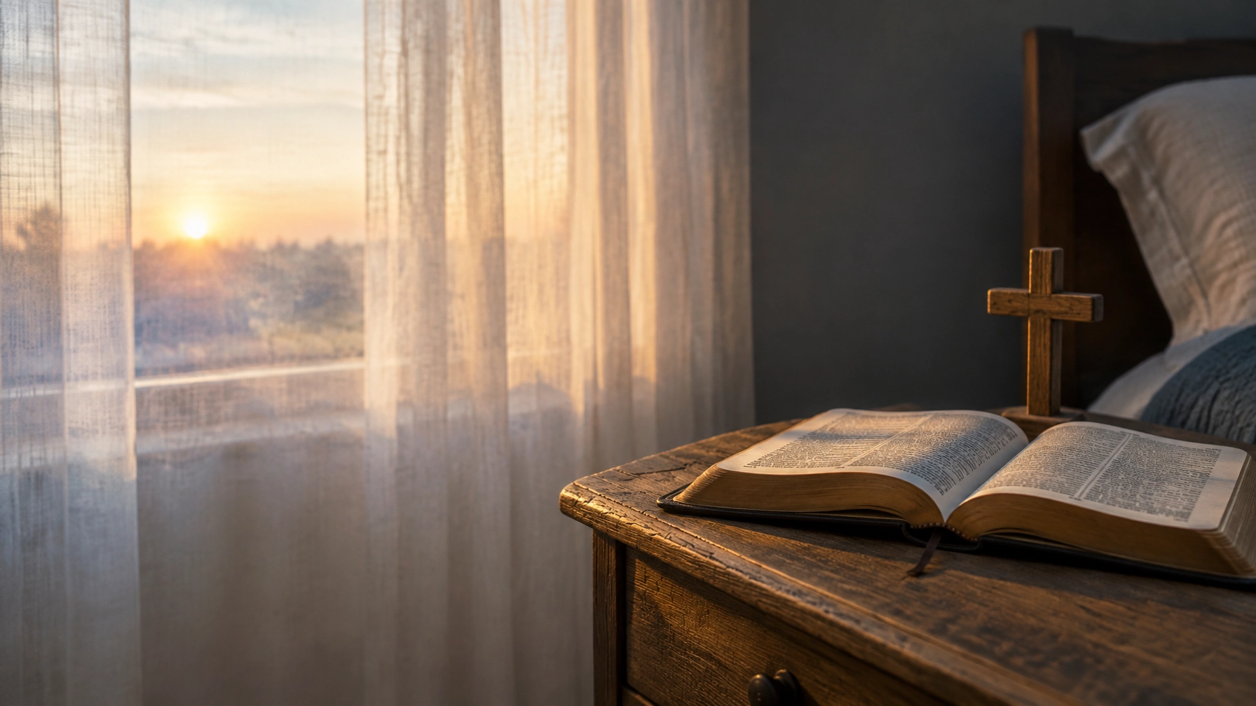 Open Bible and wooden cross on a bedside table in soft dawn light, symbolizing repentance, grace, urgency, and surrender